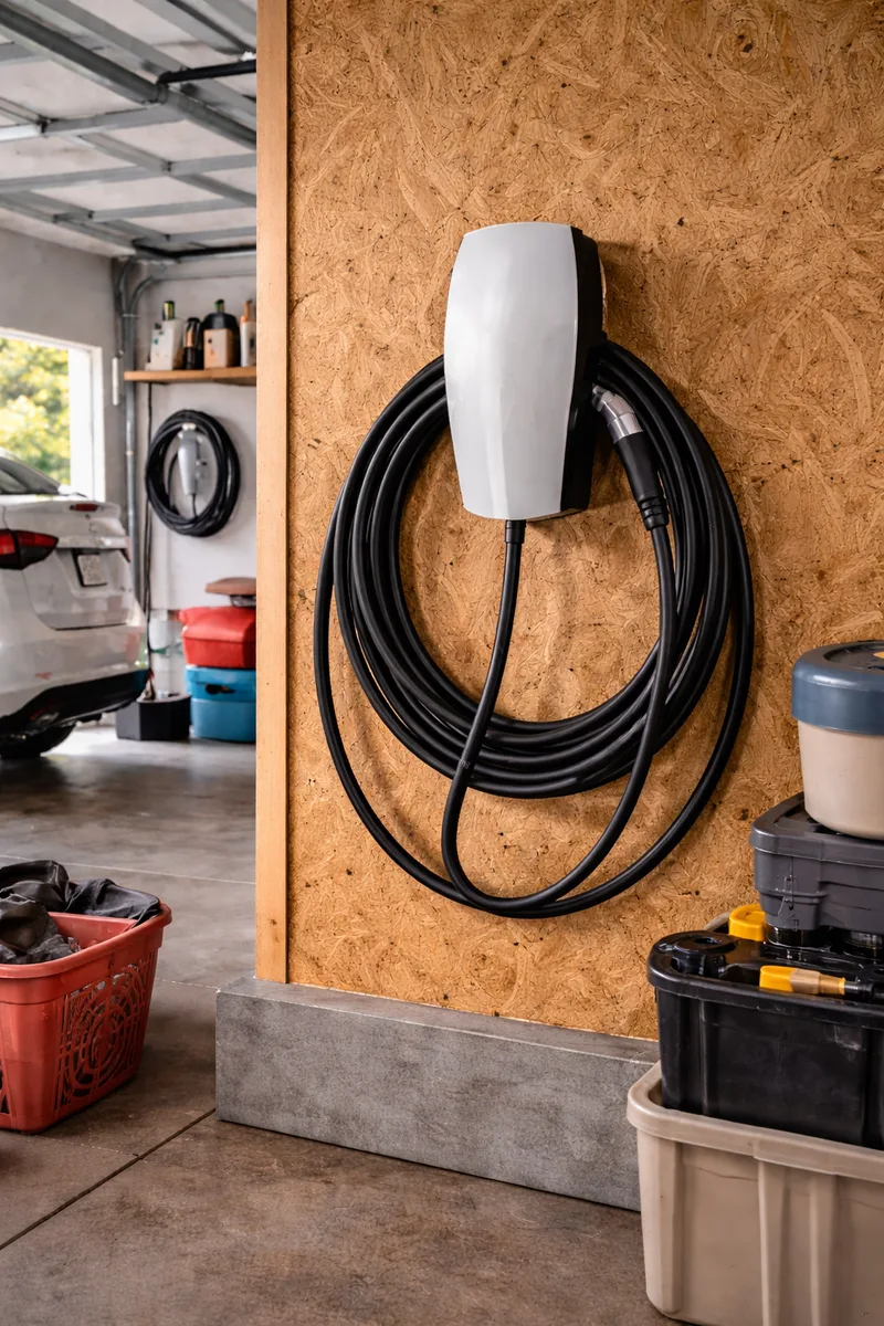 Tesla Wall Connector installed on garage wall with clean conduit run in Placerville home