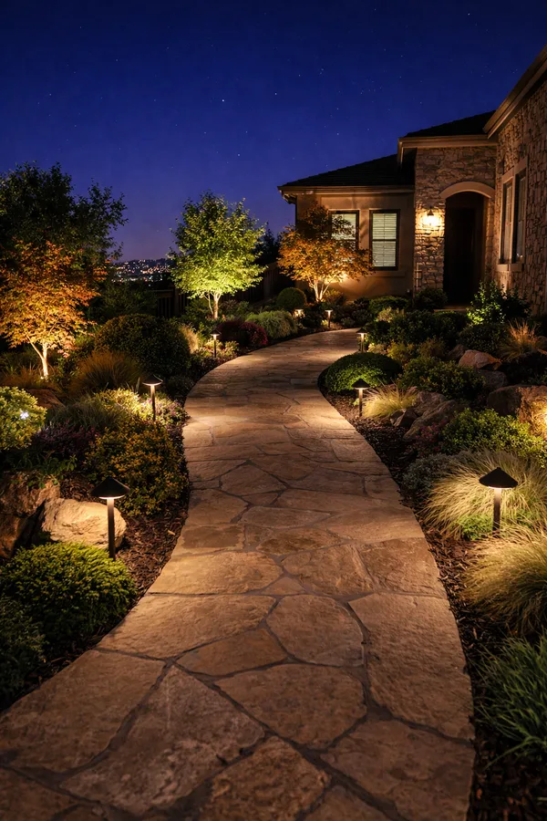 Beautiful outdoor LED landscape lighting illuminating pathway and landscaping in El Dorado Hills home at night